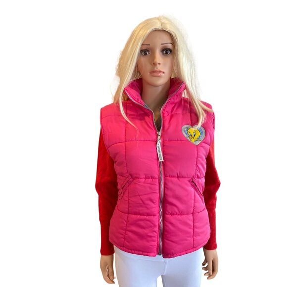 Vintage 90's Tweety Bird Looney Tunes Hot Pink Puffer Vest Junior 14/ Women S